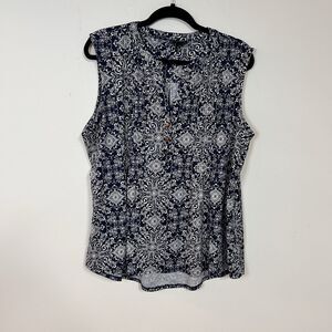 New Directions Womens XL Sleeveless Blouse Blue White Paisley Button Front Top